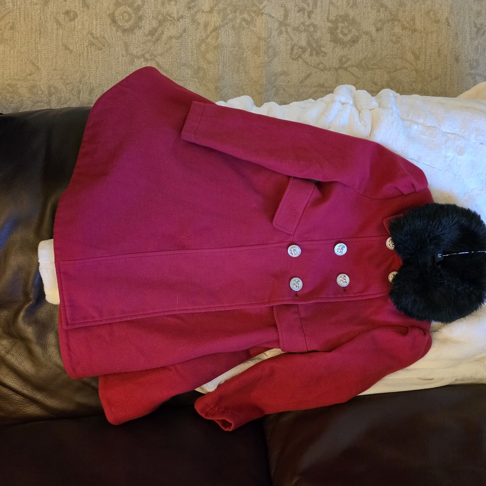 Rothschild Magenta Pea Coat with Black Faux Fur Collar